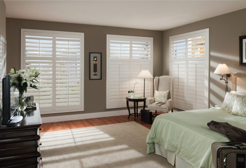 White Plantation Shutters in Master Bedroom