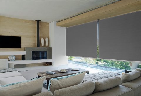 Grey Roller Blinds Over full glass window