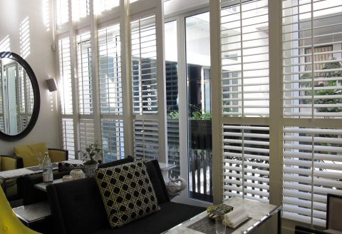 Sliding Door White Plantation Shutters